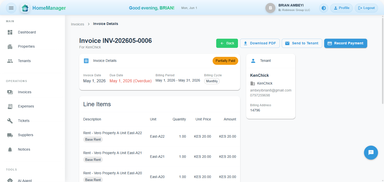 HomeManager invoice detail page showing line items, payment history, and tenant information